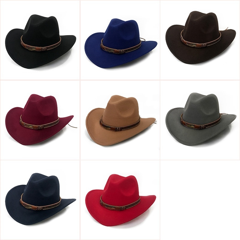 Europeos de ala ancha vaquero sombrero Panamá sombrero de fieltro tipo Jazz sombreros con hebilla de cuero liso de lana sombrero para hombres y mujeres