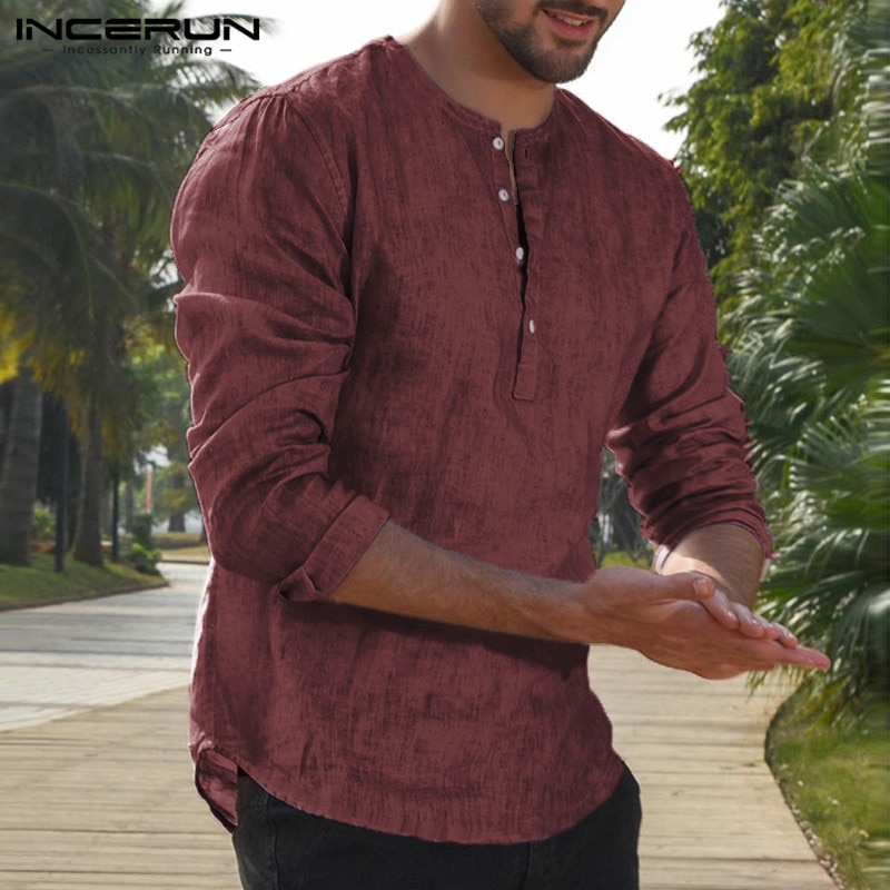 5XL hommes lin coton chemises à manches longues bouton col rond solide en vrac automne robe chemises classique mâle vêtements