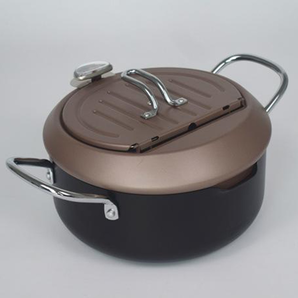 Frying Pan with thermometer Round Deep Fryer Pot Drainer Kitchen Cooking Pan