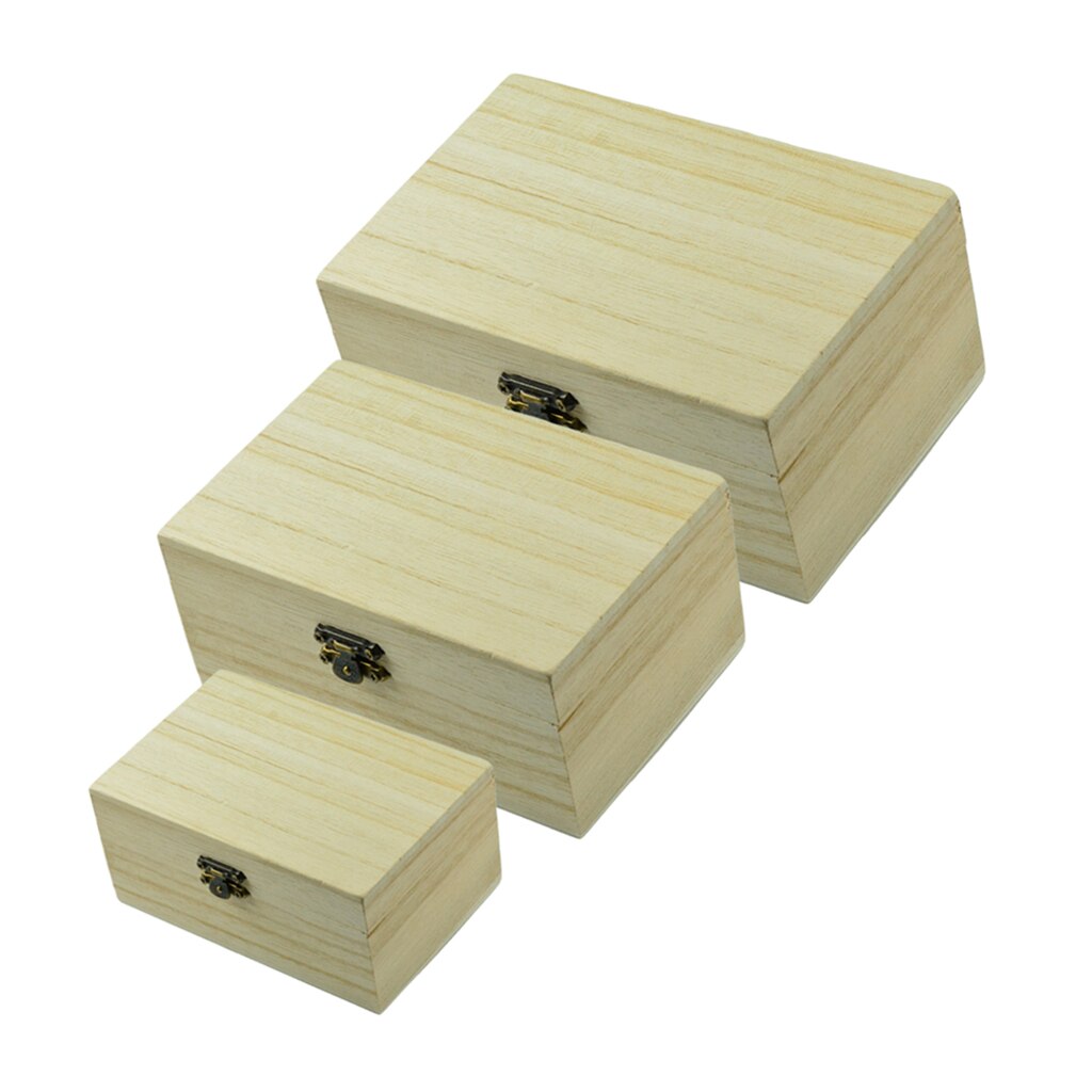 3pcs Rectangle Wood Box Unfinished Wooden Jewelry Storage Case DIY Craft Box