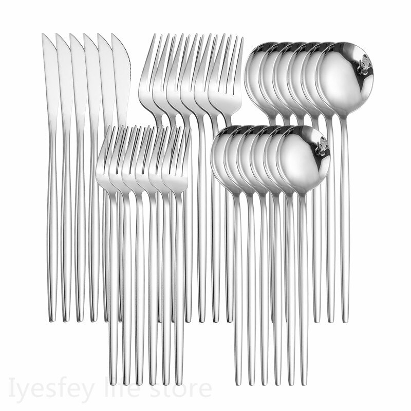 Argent coréen nourriture argenterie couverts 304 en acier inoxydable miroir polissage couteau cuillère fourchette dîner ensemble vaisselle vaisselle ensembles: silver 6sets