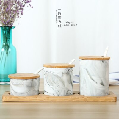 Chinese ceramic seasoning pot Kitchen Tools Gadgets Salt Sugar bowl Canister spice jar Herb Spice Tools Ceramic jar Bamboo box: 4