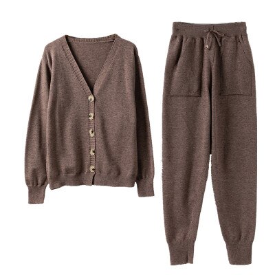 Autumn Women Knitted Tracksuit Turtleneck Sweater Casual Outfit Female Winter 2 Piece Set Knit Top Pants Sporting Suit: Coffee