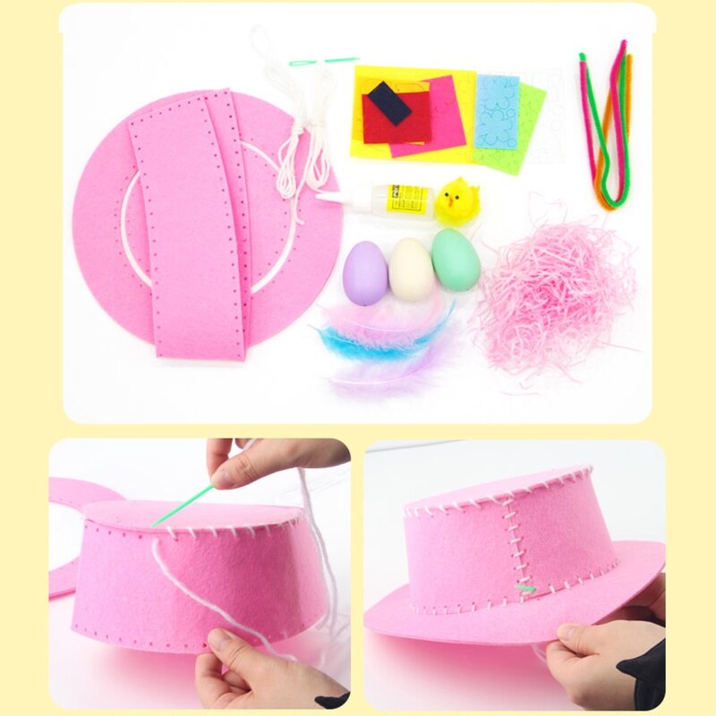 Children DIY Easter Non Woven Fabric Hat Kit Bunny Egg Material Kit Handmade Crafts for Kid Cartoon Party Y5GB