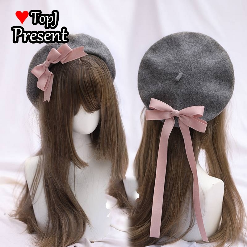 Boina japonesa de cinta Lolita, gorra de pintor desmontable multicolor, con lazo, hecha a mano: Gray and pink