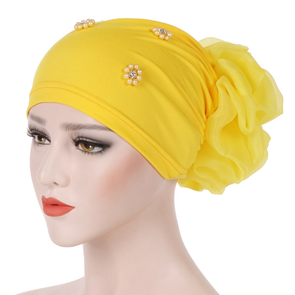 Braid Faux Pearl Muslim Women Turban Hat Solid Color Cap Hijab Headwrap: YELLOW