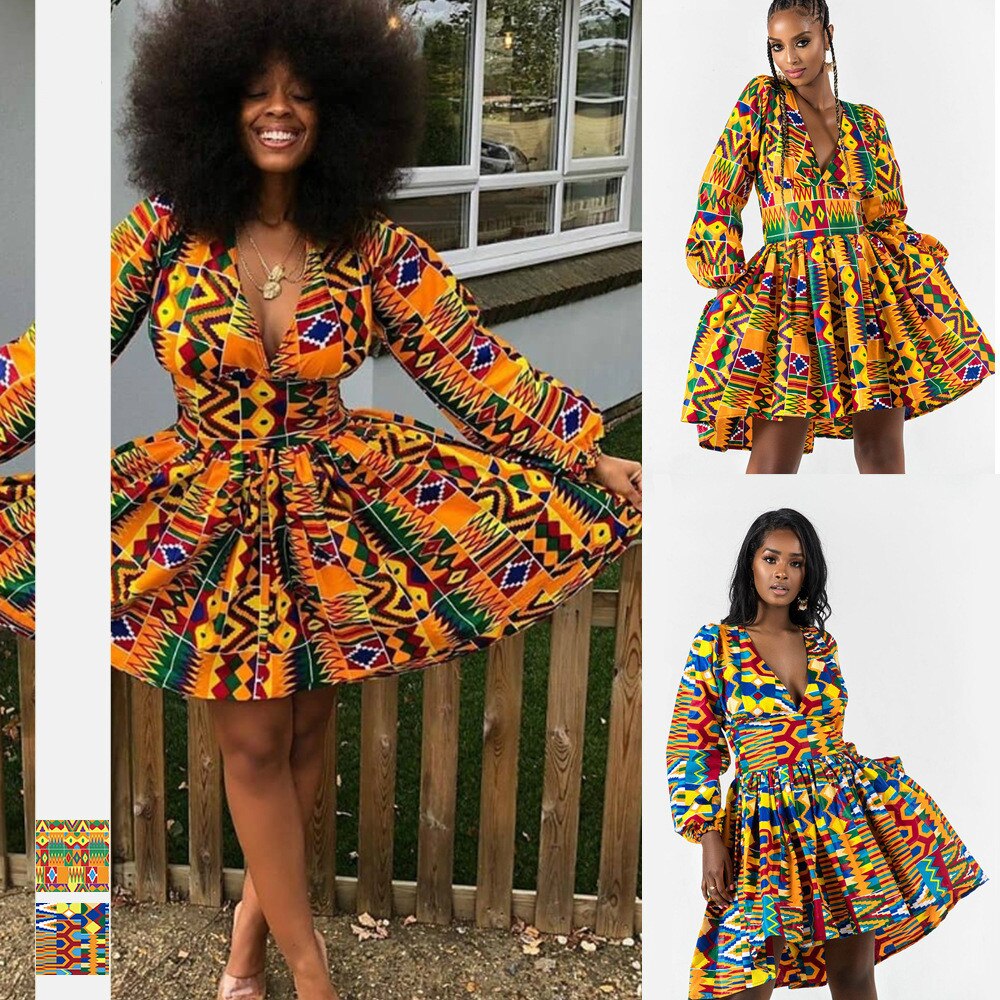 Herfst Sexy Mode Afrikaanse Vrouwen V-hals Polyester Afdrukken Plus Size Jurk