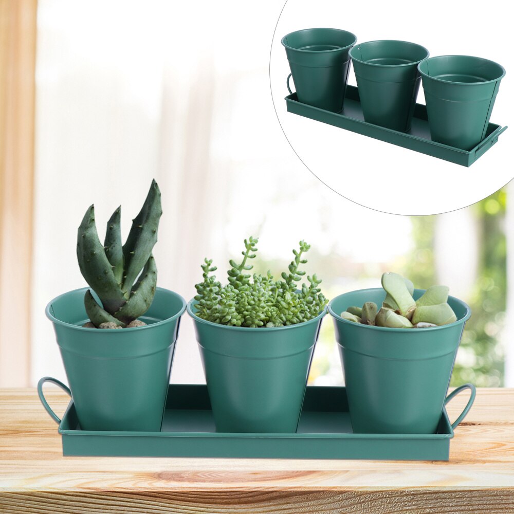 3pcs Garden Planters Flower Pot with 1pc Tray Herbs Succulents Utensil Holder: Green