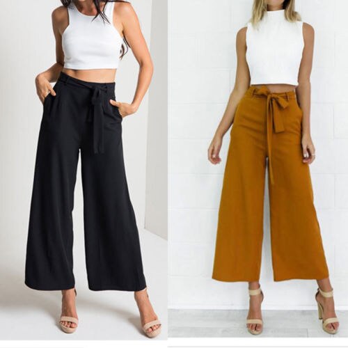 Pantalones Palazzo Culottes Mujer suelta alta cintura ancha pierna sólida pantalones largos sólido verano otoo
