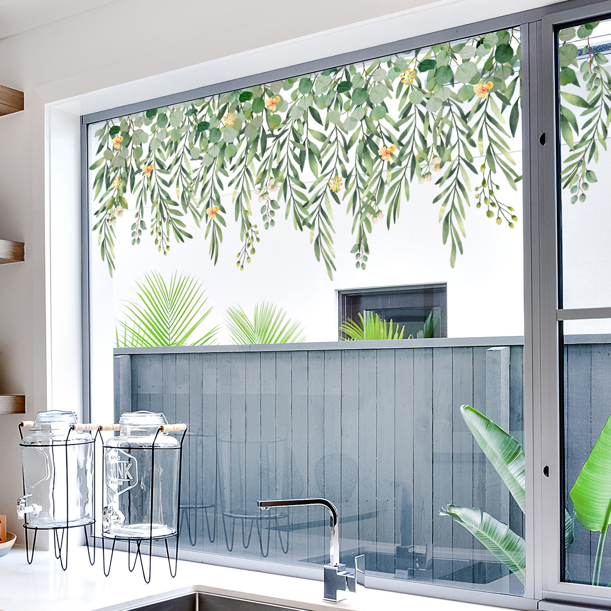 Ramitas de hojas caídas pintadas a mano, calcomanía de vidrio de flores frescas para exhibición de ventana o decoración de fondo de pared, autoadhesiva