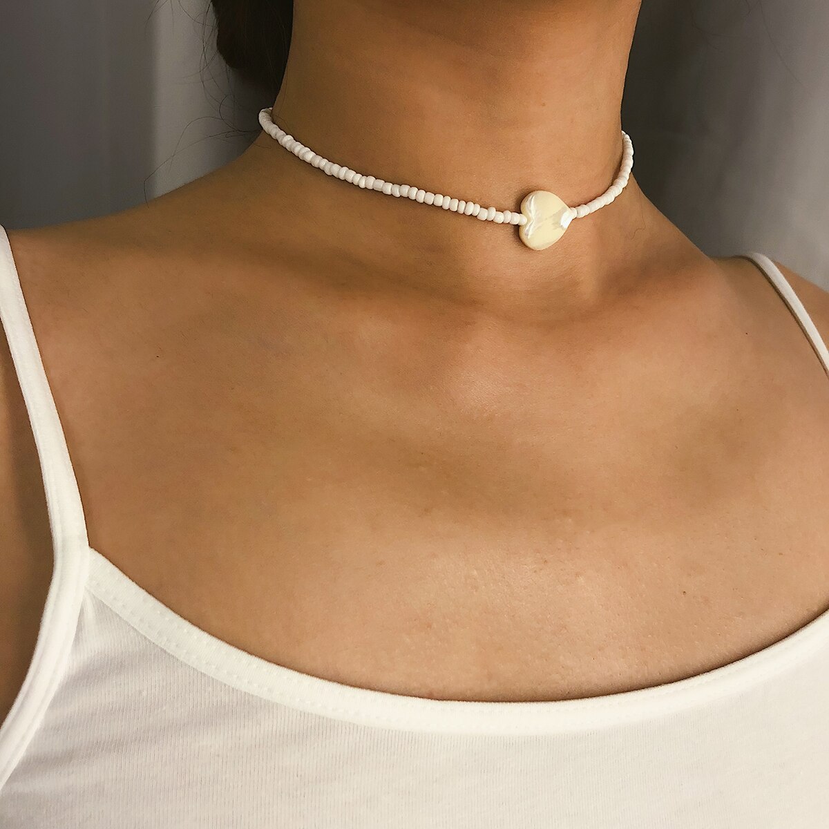 Ingemark Choker Necklace - Heart Pendant - Rice Beads & Shell Powder Chain for Women