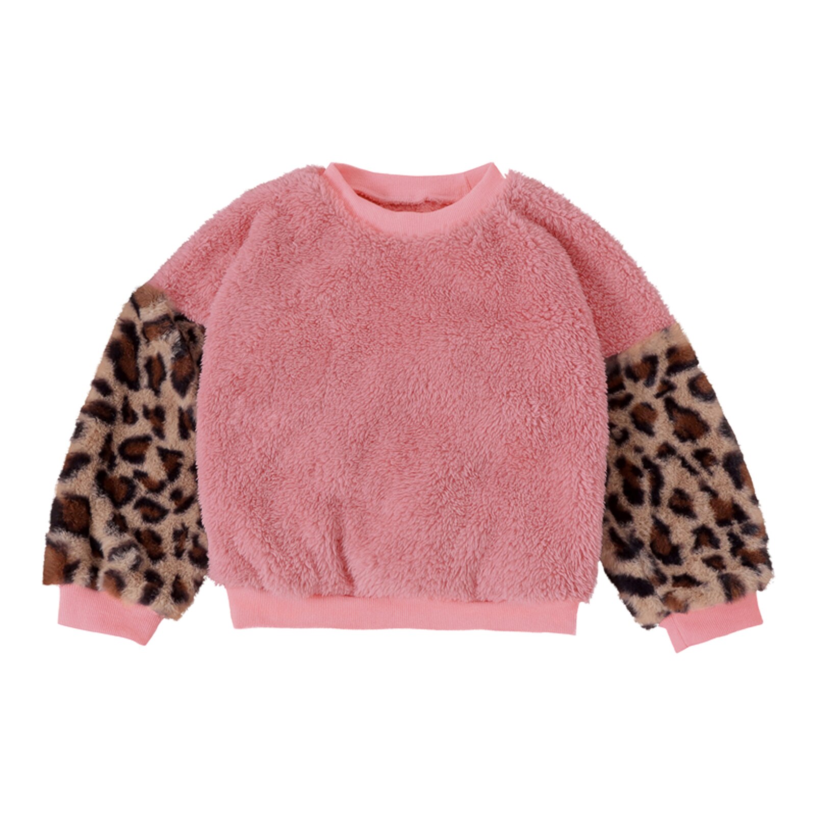 Sudaderas peludas de leopardo para niños de 2 a 7 años, suéter cálido de otoño e invierno con parches cálido: Rosa / 4 años