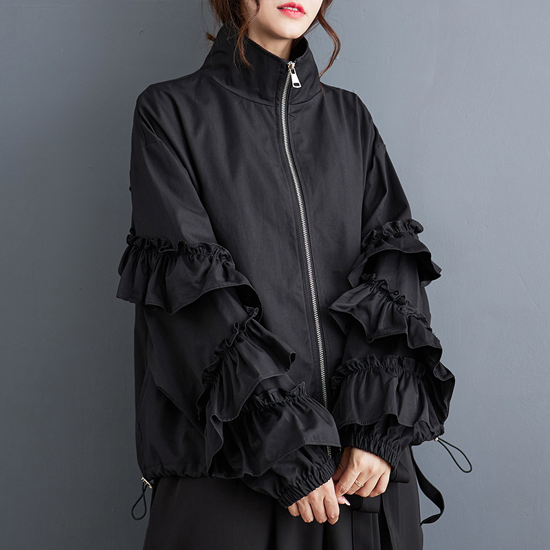 Übergroße schwarze Jahrgang geraffte Damen jacken Frühling Herbst lässig verlieren Jacke Mantel Strickjacke Kleidung Oberbekleidung 2024