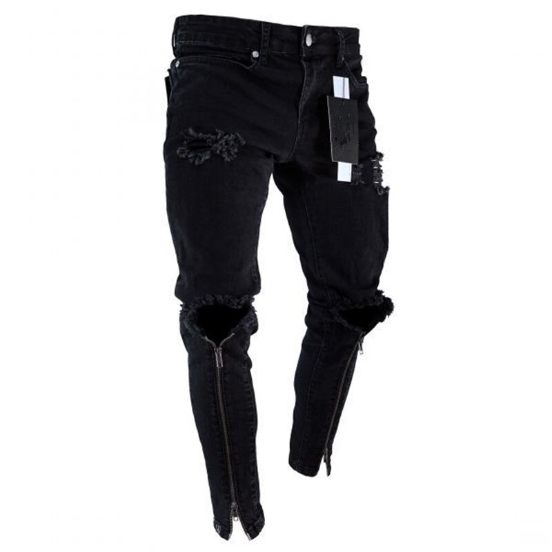 Coola herrmärke svarta jeans skinny riven förstörd stretch slim fit hop hop byxor med hål för män dragkedja ankel: Svart / M