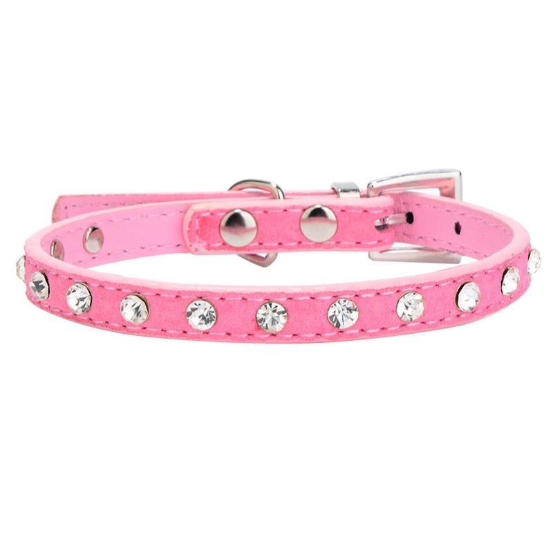 Crystal Rhinestone Cattle Cashmere Pet Collars Animals Dogs Cat Adjustable Collars Leads Pets Supplies Suede Crystal Cat Collar: Pink / XXS