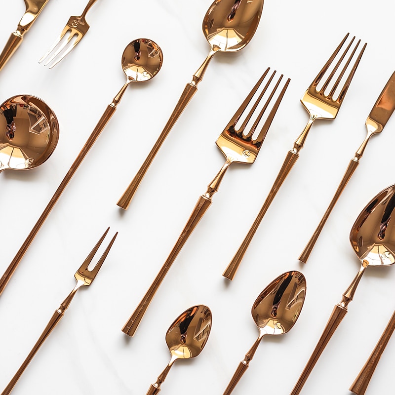Ensemble de couverts en acier inoxydable or rose brillant, outils en acier inoxydable, excellents accessoires de cuisine cuillère avec boîte à déjeuner couteau et fourchette