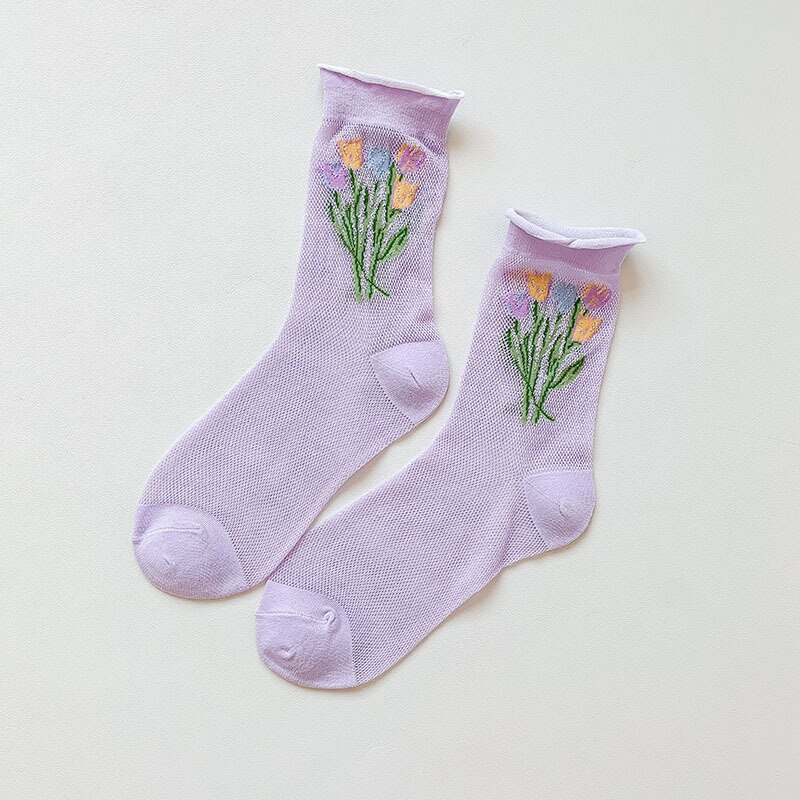 Produkt sommer gennemsigtige ultratynde korte sokker behagelige åndbare absorbere sved slik farve slik farve blomster kvinder: Lilla