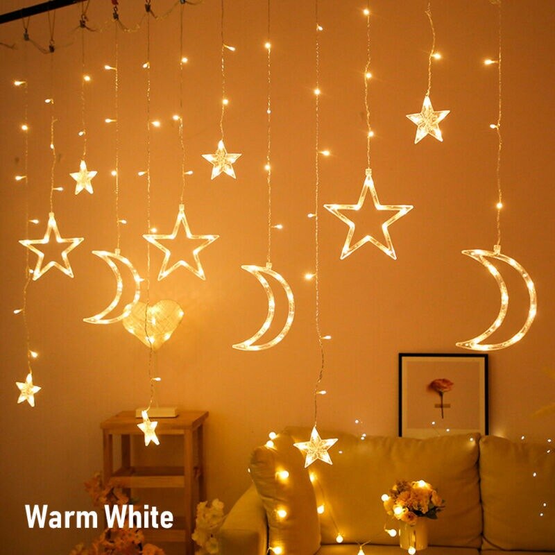 Guirnalda de luces LED con forma de luna y estrella para Navidad, cortina de luces de hadas para el hogar, de año , decoración de vacaciones y bodas, 3,5 M