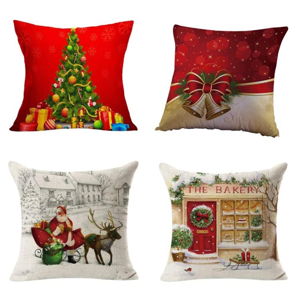 Kerst Kussenhoezen Set Van 4 Katoen Linnen Afdrukken Kussenhoezen Decoratieve Kussenhoes Voor Sofa Kantoor 45X45 cm: 4