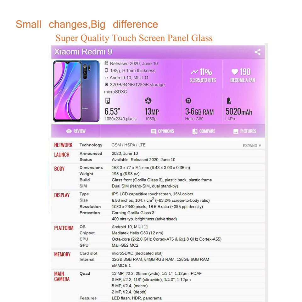 Til xiaomi redmi 9 9a 9c touch screen panel front ydre glas linse til redmi 9a front glas touch screen udskiftning