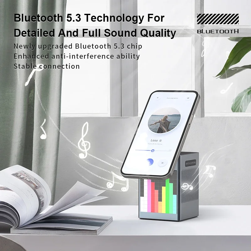 Altavoz Bluetooth 6 en 1, cargador inalámbrico para iPhone 16, 15, 14, 13, 12, estación de carga rápida para Apple Watch 9, 8, 7, 6, 5, 4, con reloj