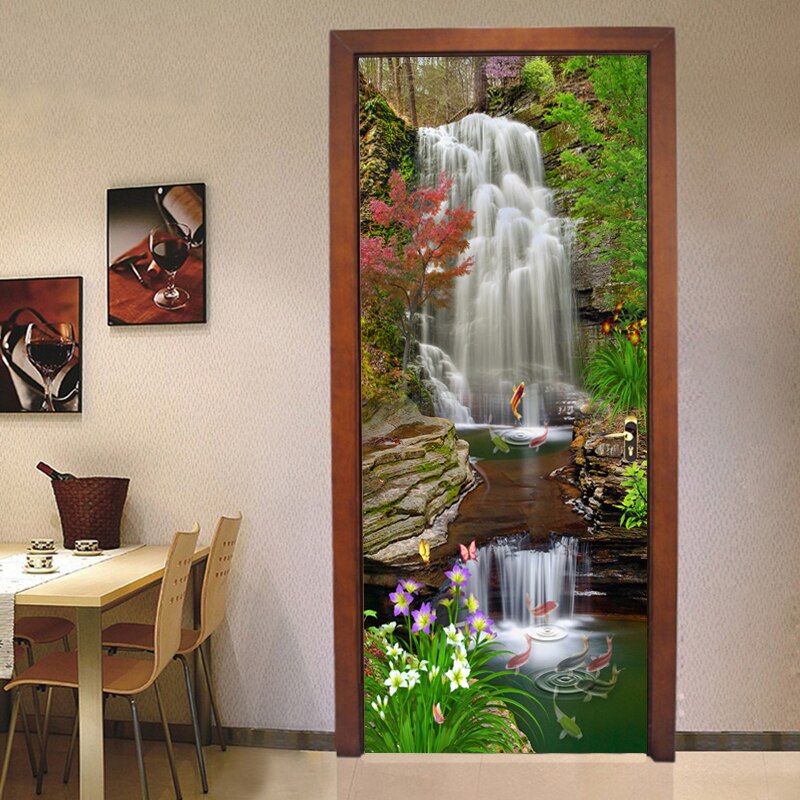 Lindo papel de parede 3d com cascata e paisagem, adesivo de porta para sala de estar, cozinha, à prova d'água, mural 3d, decoração de casa, decalque de porta