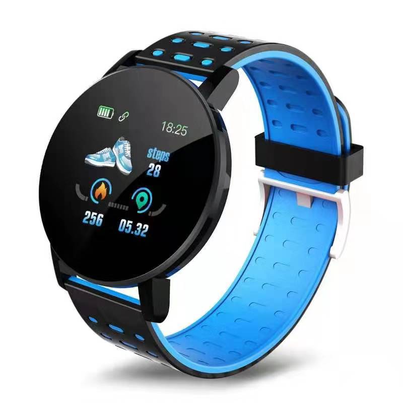 119 mais pulseira de freqüência cardíaca relógio inteligente homem pulseira esportes banda inteligente à prova dwaterproof água smartwatch android com despertador: Azul