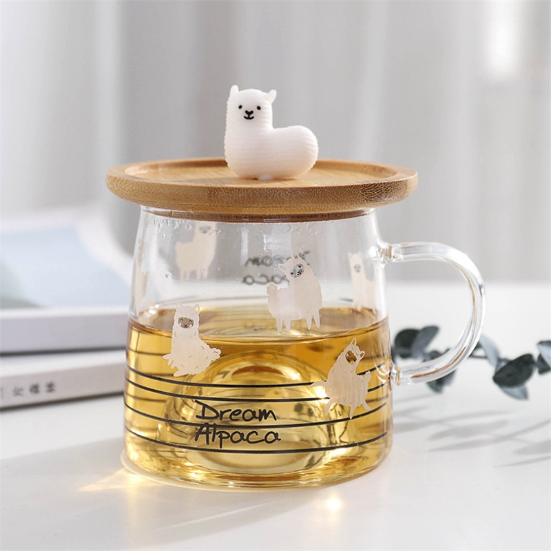 Nordic cute 3d alpaca glass mug with bamboo lock heat resistant transparent office milk coffee tea breakfast cup drinkware