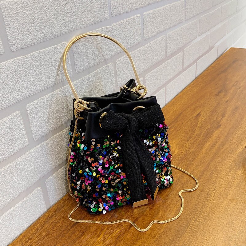 Pailletten strik emmer tas kleine tassen met metalen handvat dames handtas ketting schoudertas telefoon portemonnees: Zwart