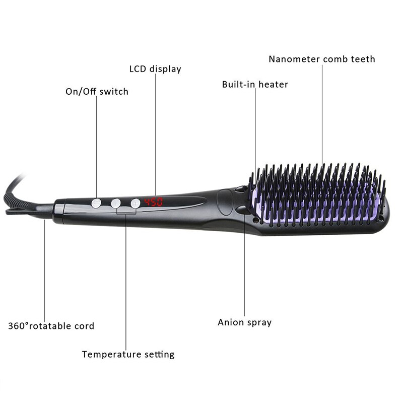 Ceramic Hair Straightener Brush Hair Electric Comb Flat Iron Display Digital Heating Anti-Static Beard Straightener Styling Tool