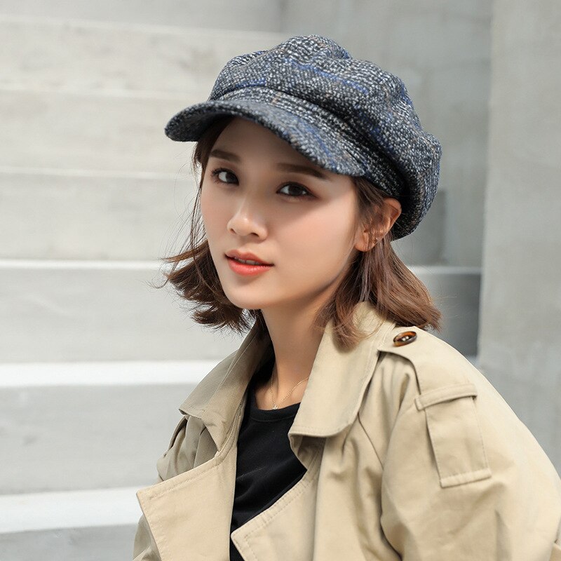 CANZE Autumn Winter Women Octagonal Hat British Beret Korean Japanese Peaked Cap Beret Hat: Dark gray