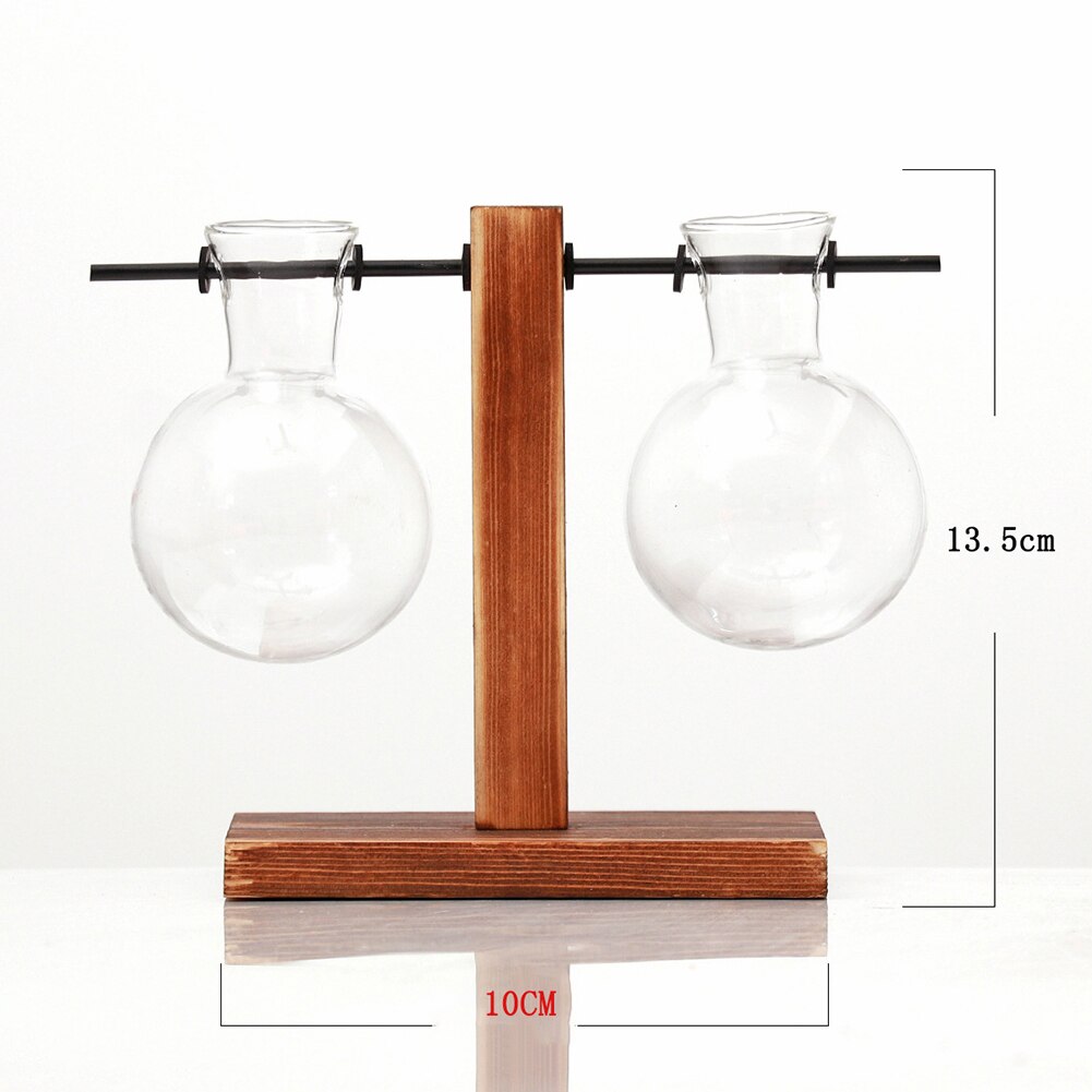 Vaso per piante idroponiche da tavolo Decorazione Vaso in vetro con cornice in legno Vaso trasparente Vaso per piante retrò Decorazione bonsai per la casa, doppia bottiglia