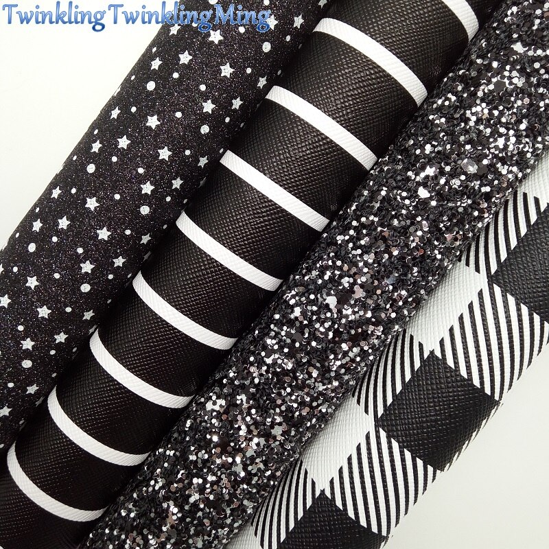Zwarte glitterstof, imitatiestof van tartan, strepen synthetisch leer stoffen vellen voor strik  a4 21 x 29cm glinsterende ming  xm862
