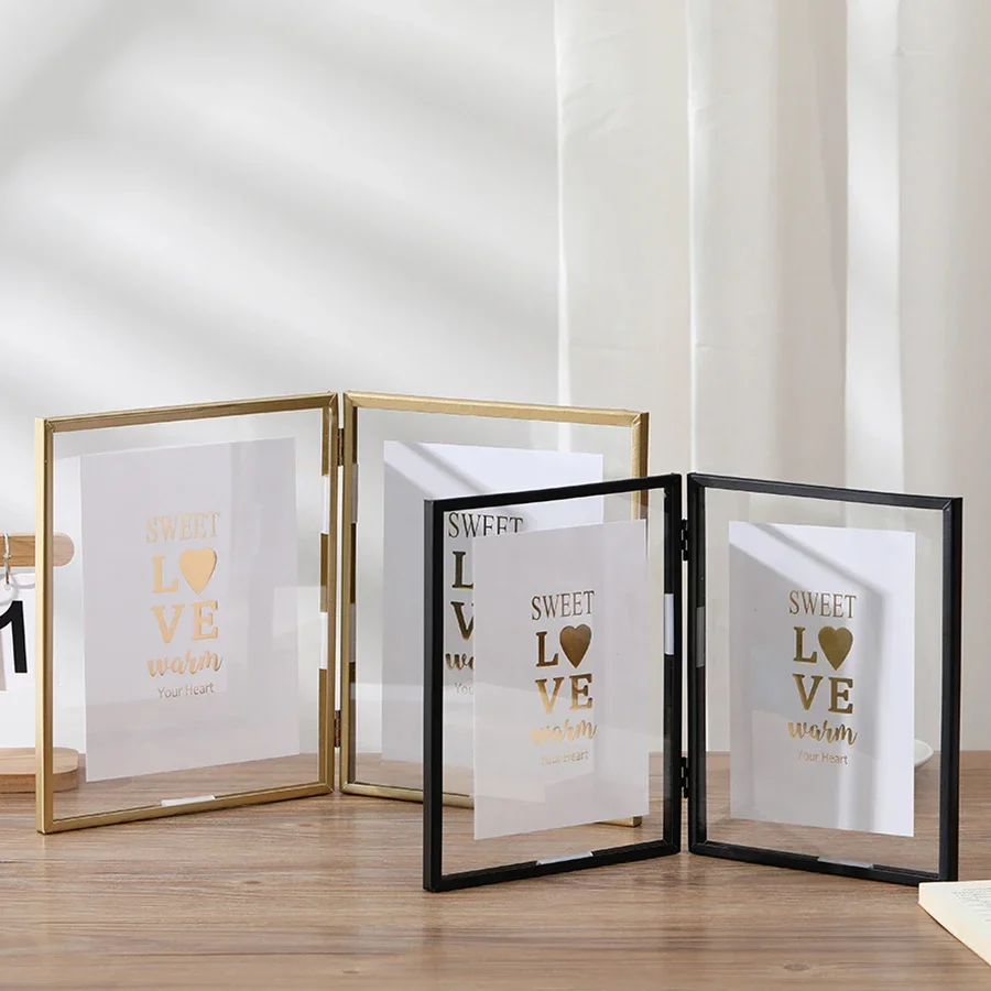 1 marco de fotos dúplex de metal plegable, marco de fotos transparente acrílico dorado y negro, marco de decoración de fotos para habitación, decoración del hogar