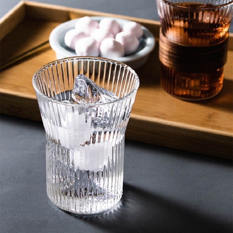 Vertical lines Glass Coffee Cup Reusable Coffee Mug with Wood Sleeve Japanese Style Glassware for Tea Latte Americano Cappuccin