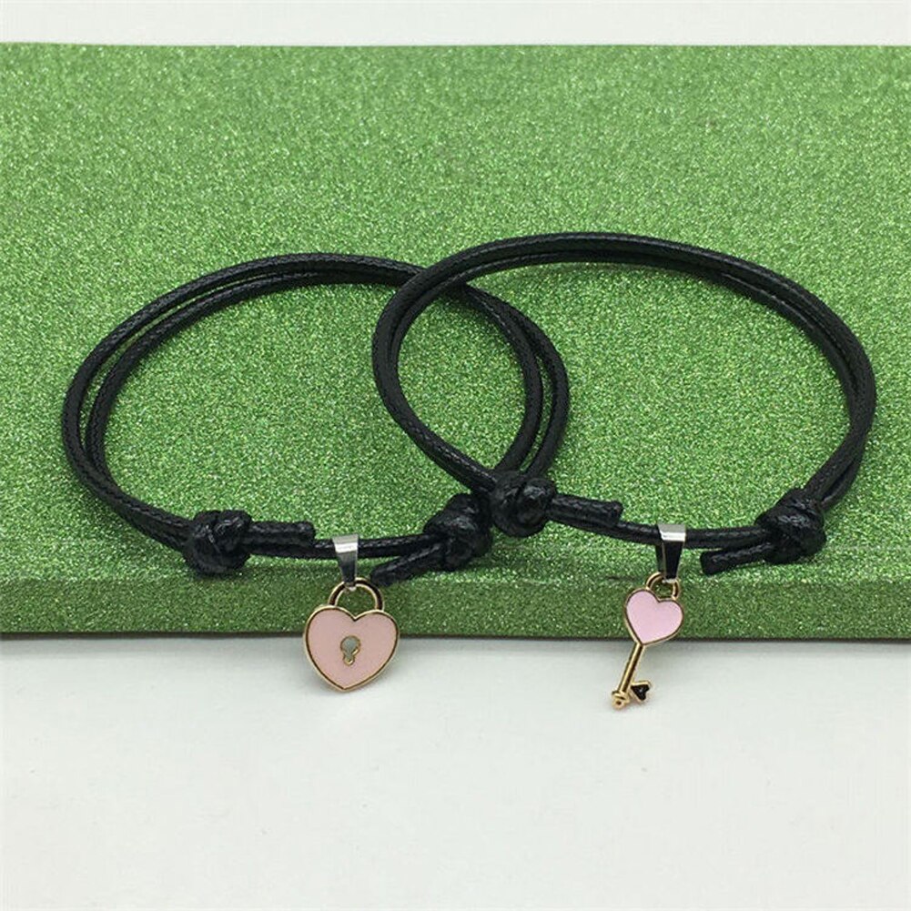 1 par nova chegada casal pulseira liga chave coração bloqueio charme pulseira artesanal jóias corda amantes presentes para as mulheres: pink