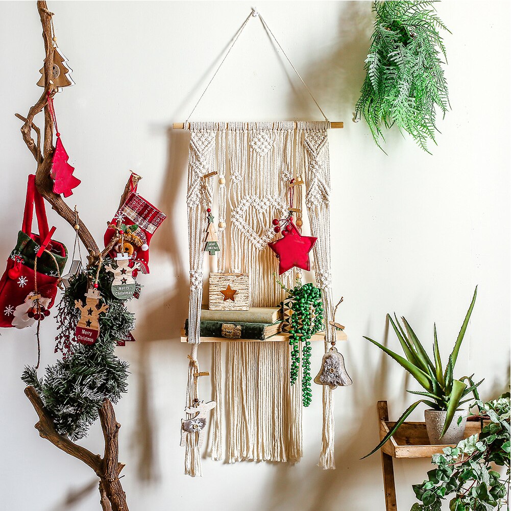 Slaapkamer eenvoudig te installeren houten zwevende handgemaakte ornament plantenrek woondecoratie geweven wandtapijt macramé wandplank scandinavisch