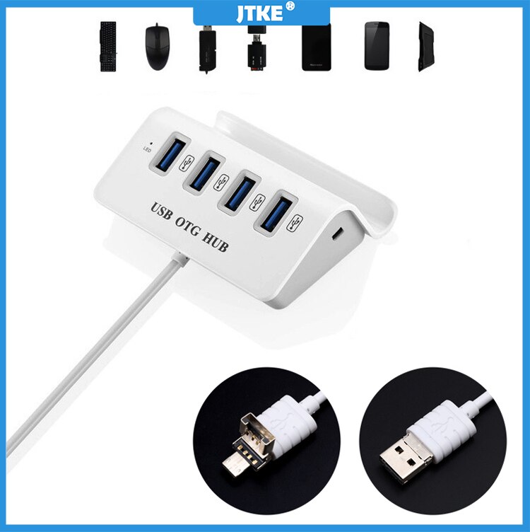 JTKE-Hub Micro USB 3 en 1 de 4 puertos, Hub OTG de alta velocidad, Multi USB 3 0 divisor para Windows Tablet Smartphone PC con soporte para teléfono