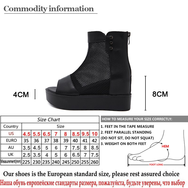 Gdgydh Offene spitze Stiefeletten hoch Fersen Plattform Stiefel Frauen Schwarz Leder Damen Sommer Schuhe Herbst Grundlegende Reißverschluss Keil Komfortable