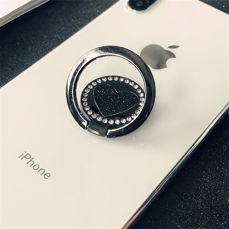 Crystal Round Phone Finger Ring Holder For iPhone Redmi Samsung Thread Metal Grip Rotation Cellphone Stand Mount Bracket: Black Love