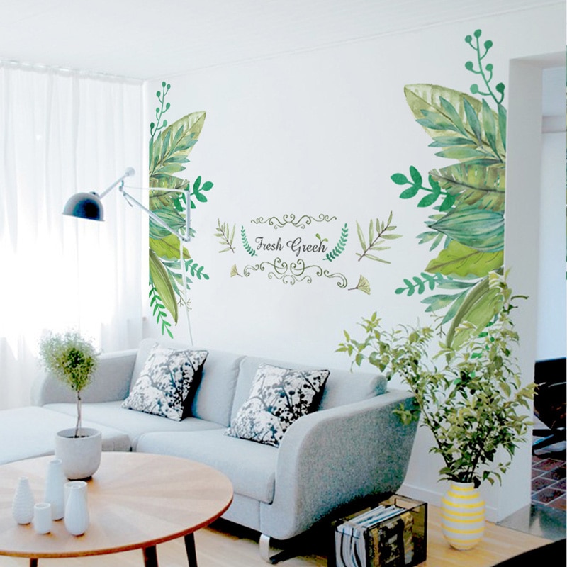 Fresh green leaf wall sticker living room bedroom background home decoration Mural Decals wallpaper Removable door stickers