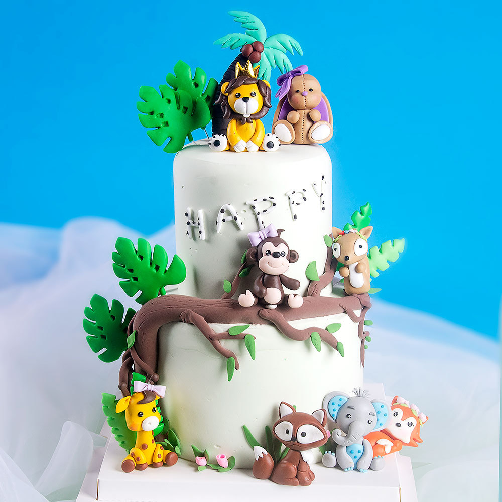 Decoración Para pastel de animales del bosque, adorno para tarta de feliz primer cumpleaños, de jungla, bosque, Safari, León, mono, conejo, adorno para pastel para niños, Baby Shower