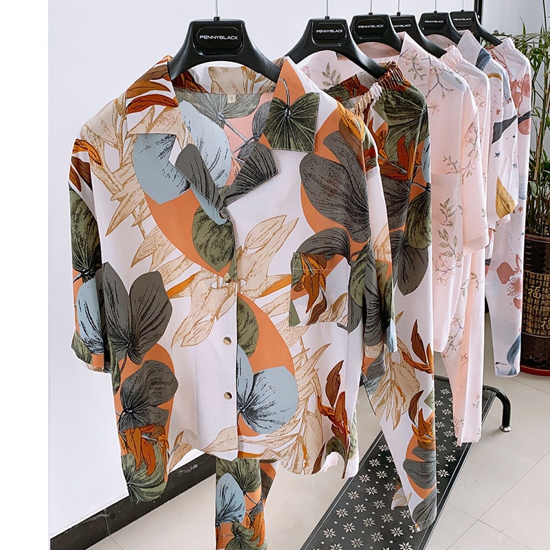 Kvinder sommer pyjamas kortærmet viskose bomuld hjemmetøj kvindelige trykte bukser homewear jakkesæt plus size loungewear