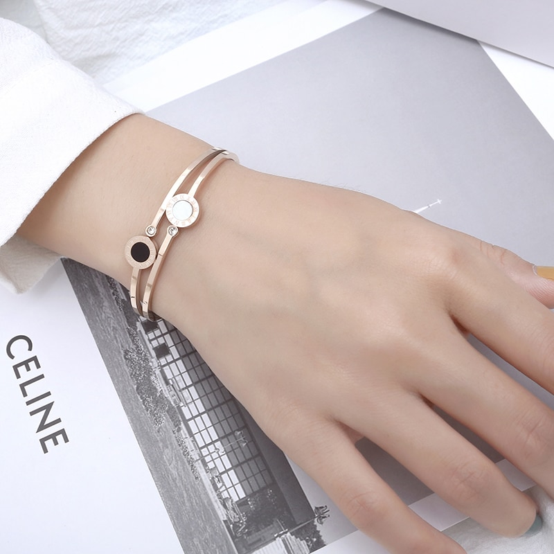 Roestvrij Staal Rose Gouden Kleur Shell Armband Crystal Lover Romeinse Karakter Armband Manchet Armband Bruiloft Sieraden