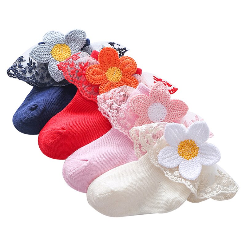 Baby Sokken Kinderen Jongens Meisje Leuke Warm Lace 3D Bloemen Sokken Katoen Effen Kleur Kleding Accessoires Voor 0-3 jaar Kind