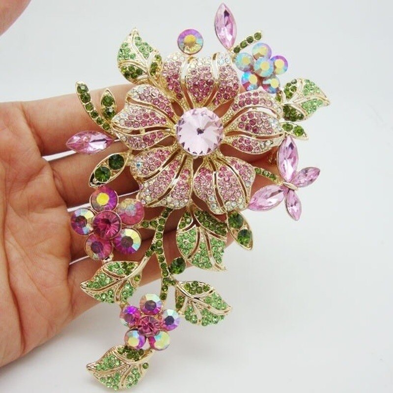 Colorful Rhinestone Crystal Flower Brooch Pin Romantic Wedding Bride Costume Jewelry