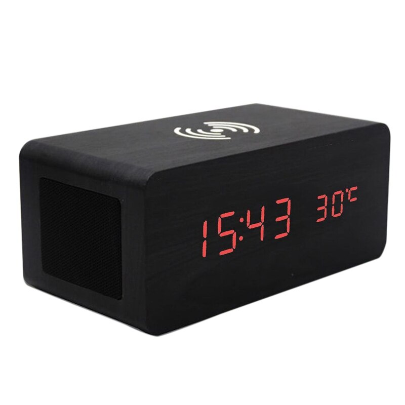 Wood Alarm Clock Bluetooth Speaker Desk USB Digital Clocks LED Wireless Charging Phone Temperature Wooden Table: Black   red