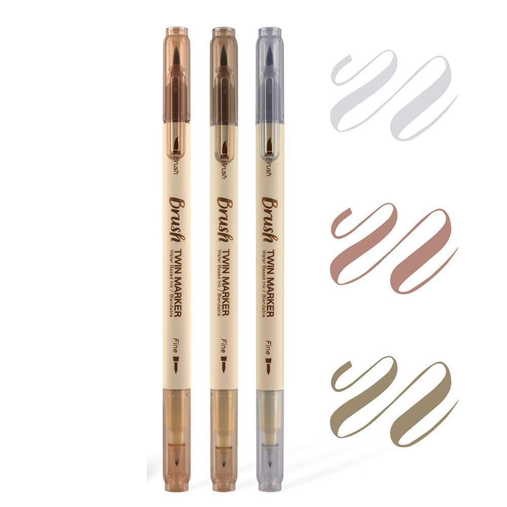 3 pçs highlighter caneta retro dupla cabeça escova caneta criativa arte marcador desenho pintura aquarela material escolar papelaria: D