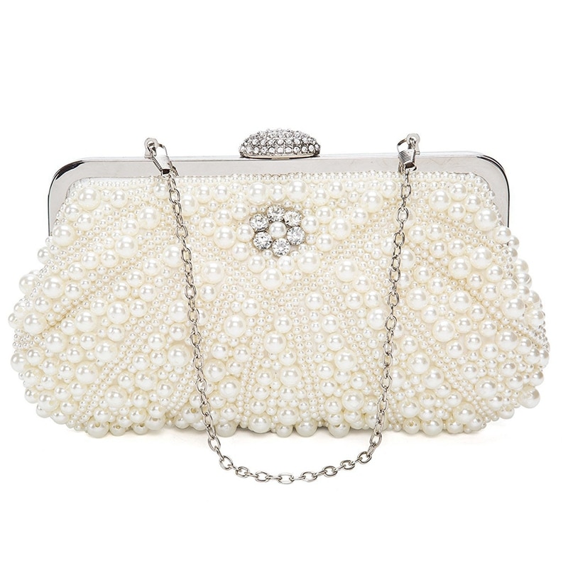 FGGS-femmes perle pochettes sac de soirée sac à main sac à main pour mariage chaîne sac pour dîner, blanc