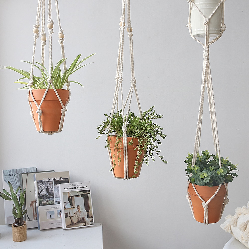 Colgador de macramé para plantas, macetas de jardín, soporte colgante para interior y exterior, macetero de pared, cesta de cuerda para decoración del hogar, paquete de 3